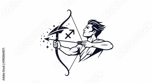 Archery figure aiming a bow and arrow with celestial stars and zodiac sign
