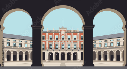 Arched view of a grand coral-colored building with a courtyard