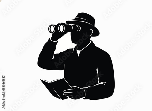Man in fedora hat holding binoculars and open book looking into distance for research or surveillance activity.