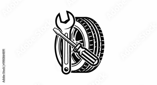 Black and white illustration of a tire, wrench, and screwdriver