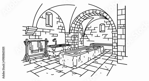 Ancient bathing chamber with stone basins, arched ceiling, and tiled floor