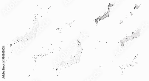 Abstract map of island nation with shaded regions and scattered islands