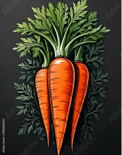 Three Fresh Organic Carrots With Green Tops.