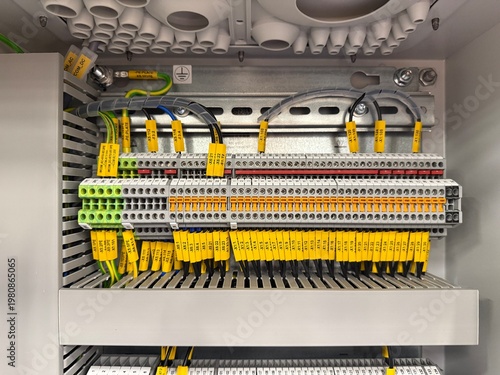 Fotografie Close-up of professionally routed electrical cables and terminal blocks on a DIN rail inside an electrical panel