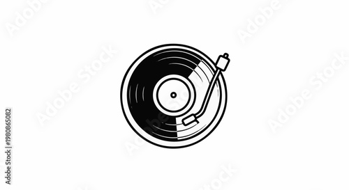 Black and white illustration of a vinyl record player and disc