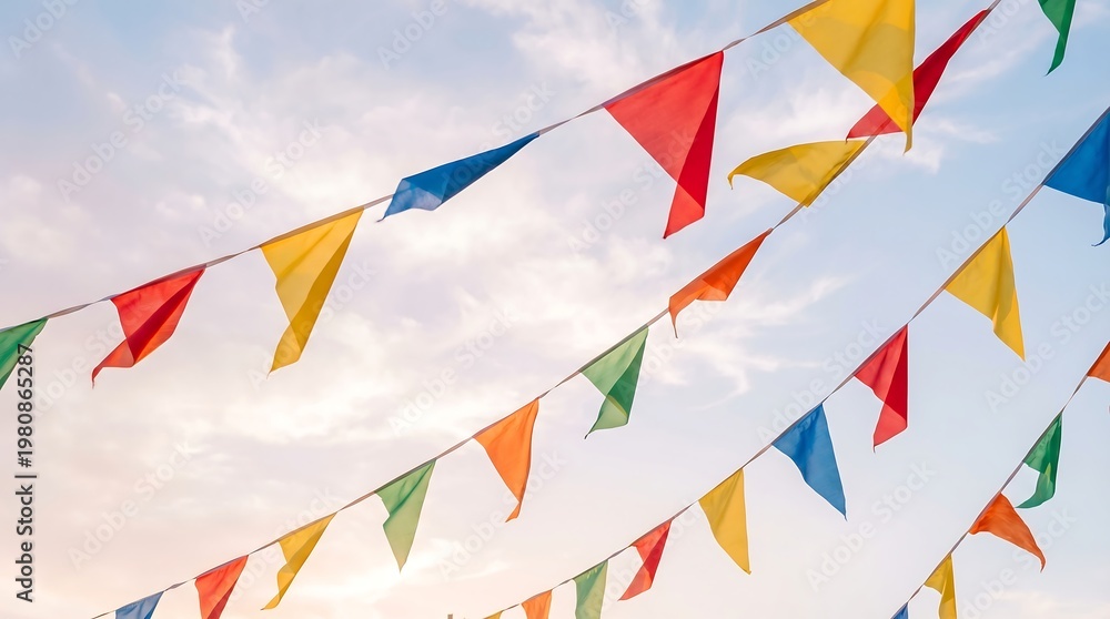 Obraz premium Vibrant triangular flags hang against a cloudy sky at dusk with an abstract holographic feel.