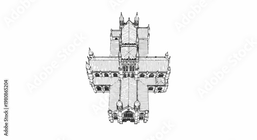 Aerial view sketch of a gothic cathedral with intricate spires and arched windows
