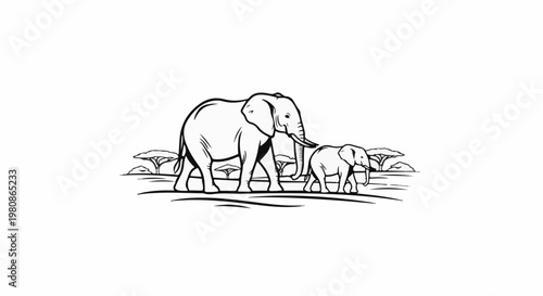 African savanna landscape with mother and baby elephant illustration