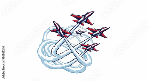 Aerobatic jets perform a synchronized aerial maneuver with white contrails