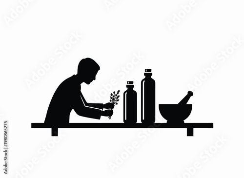 Herbalist preparing mixture with plants and bottles on shelf, mortar and pestle for natural medicine.