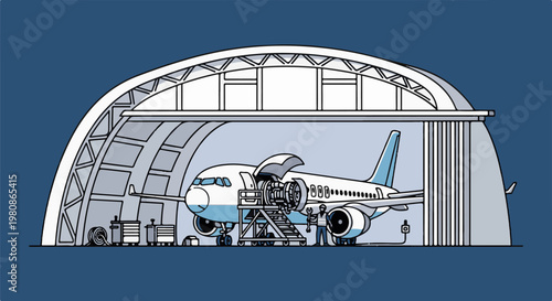 Aircraft in hangar undergoing maintenance with engine exposed