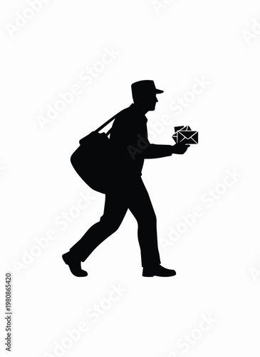 Mail carrier walking with shoulder bag holding letters, postal delivery worker on route.