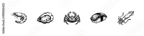 Seafood Assortment and Japanese Cuisine Delicacies with Hand-Drawn Inky Doodle and Textured Ink Wash Style