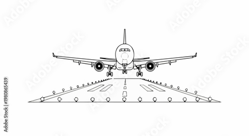 Airplane approaching runway for landing, front view, line art