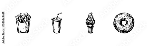 Fast Food and Takeaway Menu Items with Hand-Drawn Engraving Style and Vintage Textured Linework