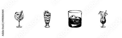 Classic Cocktails and Refreshing Summer Drinks with Artistic Engraving Style and Hand-Drawn Chalkboard Aesthetic