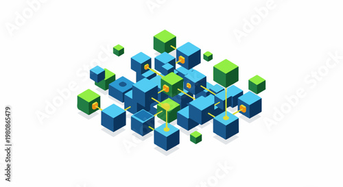 Abstract network of interconnected blue and green cubes with yellow links
