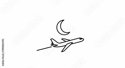 Airplane flying under a crescent moon at night