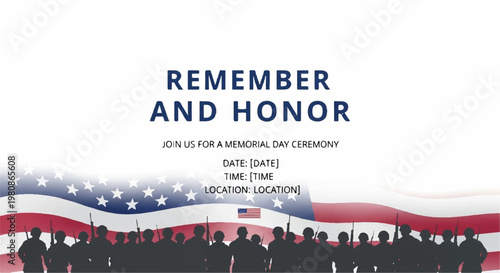 Memorial day ceremony invitation with soldiers and american flag