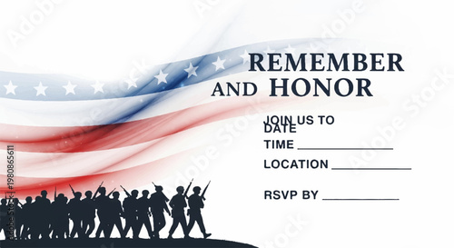 Memorial day rsvp invitation with american flag and soldier silhouette