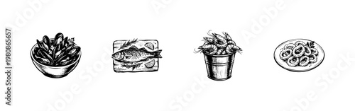 Seafood Platter and Pub Food Appetizers with Hand-Drawn Inky Doodle and Organic Sketchy Textures