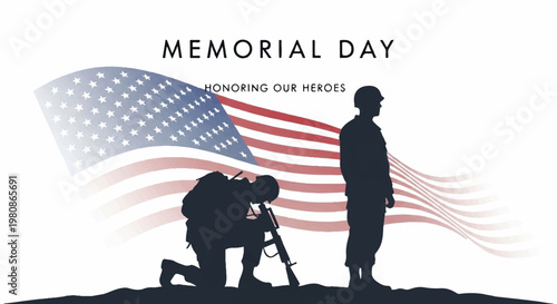 Soldier kneeling and standing before American flag for Memorial Day