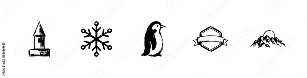 Fototapeta premium Frozen Food and Cold Storage Product Labels with Thick Blue Inky Brush Strokes and Hand-Drawn Sketchy Style