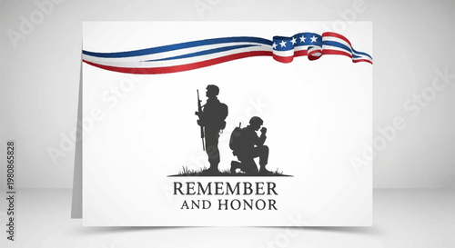 Professional greeting card for Memorial Day with soldiers and flag ribbon