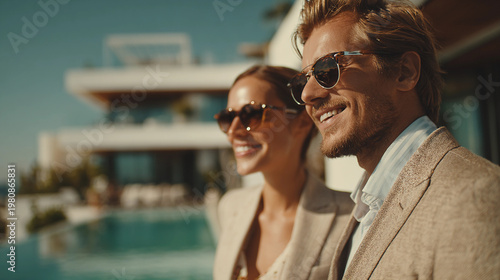 Couple enjoys sunny day by pool at luxurious villa with clear skies and modern design in the background