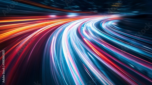 A vibrant and dynamic image of colorful light trails on a dark background