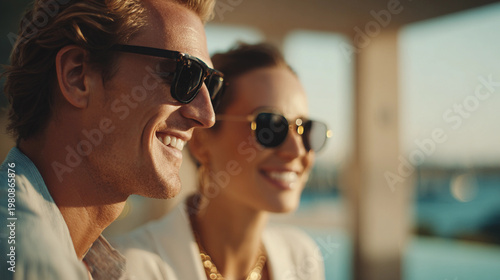 Couple enjoying time together at sunset near the water while wearing sunglasses and smiling with friends in the background
