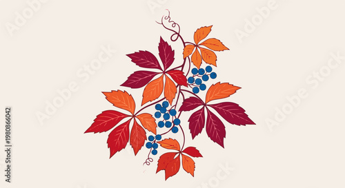Autumn leaves and berries on a light background, stylized plant illustration