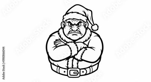 An angry cartoon figure wearing a Santa hat and coat, arms crossed