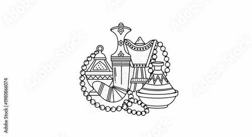 Black and white illustration of traditional Middle Eastern decorative objects