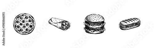 Fast Food Favorites and Popular Junk Food Meals with Inky Doodle and Hand-Drawn Sketchy Style