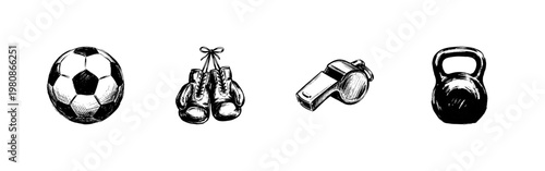 Fitness and Athletic Equipment Graphic Elements with Hand-Drawn Inky Doodle and Loose Freehand Aesthetic