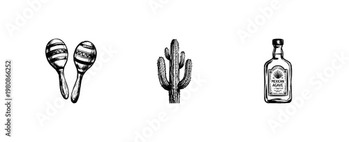 Mexican Cuisine and Cultural Celebration Elements with Hand-Drawn Inky Doodle and Traditional Artistic Fluidity