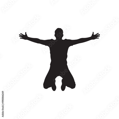 Man with arms spread in jump pose silhouette icon vector flat design