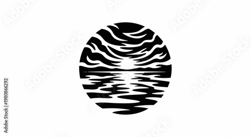 Abstract oval silhouette of a sunset over rippling water