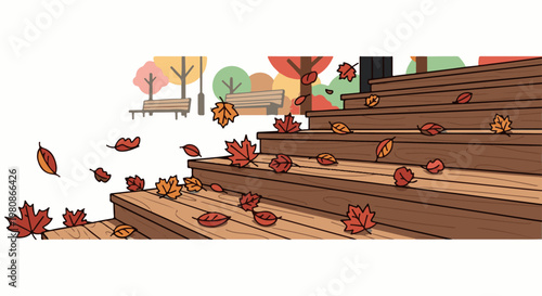 Autumn leaves fall on wooden steps in a park setting