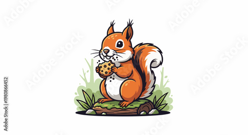 Adorable cartoon squirrel sitting on a log eating a cookie, green foliage background