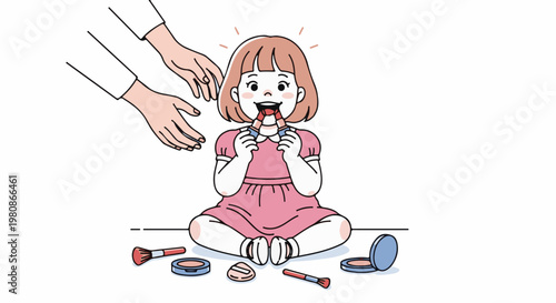 Adorable child exploring makeup with helpful hands nearby