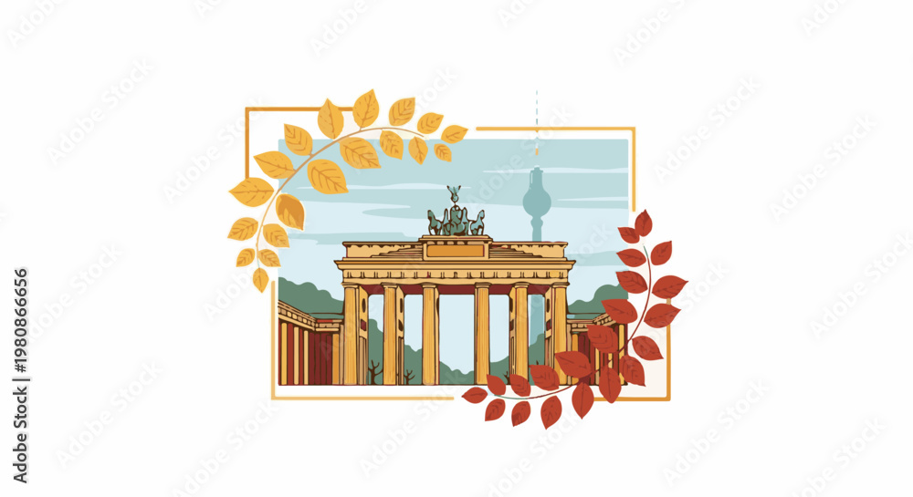 Naklejka premium Autumn leaves frame neoclassical archway with distant tower