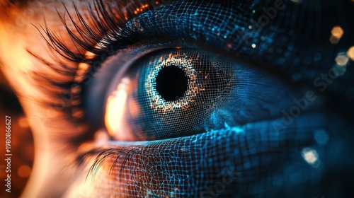 A close-up of a human eye with a futuristic digital grid overlay and a blurred background