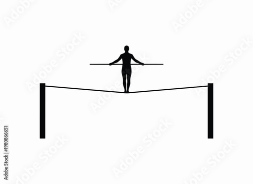 Silhouette person balancing on tightrope with arms outstretched, circus performance, extreme sport.