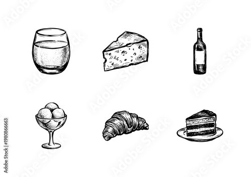 Wine and Gourmet Dessert Food Elements in Hand-Drawn Inky Doodle Style with Fluid Organic Lines
