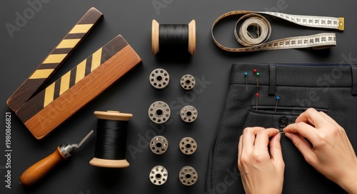 sewing tools and hands working fabric.