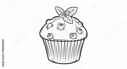 Black and white line drawing of a blueberry muffin with mint leaves on top