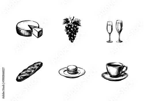 Parisian Cafe Food and French Bistro Gastronomy with Lopsided Amateurish Hand-Drawn Ink Doodle Aesthetic