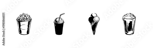 Cinema Snacks and Fast Food Refreshments with Chalkboard Style White Engraving Style and Hand-Drawn Textured Outlines